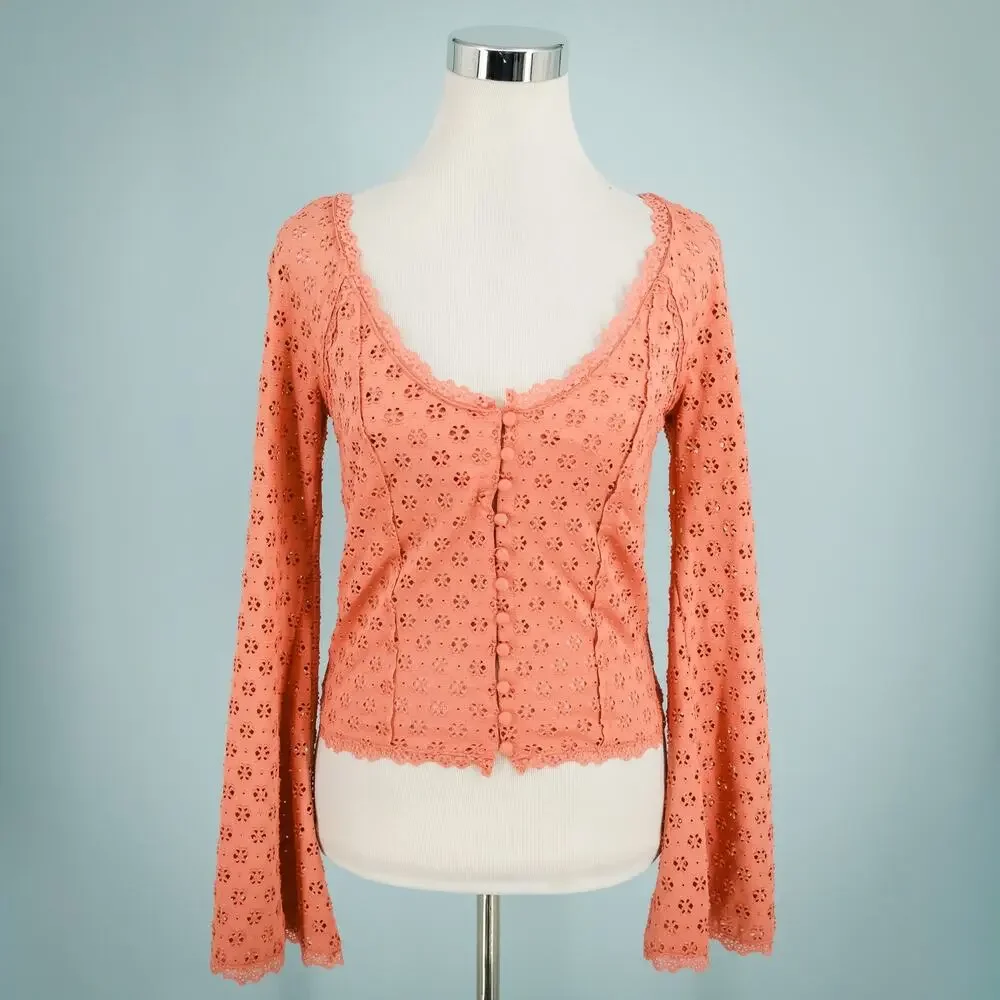 Free People Size Small S Eyelet Lace Button Scoop Neck Long Bell Sleeve Knit Top
